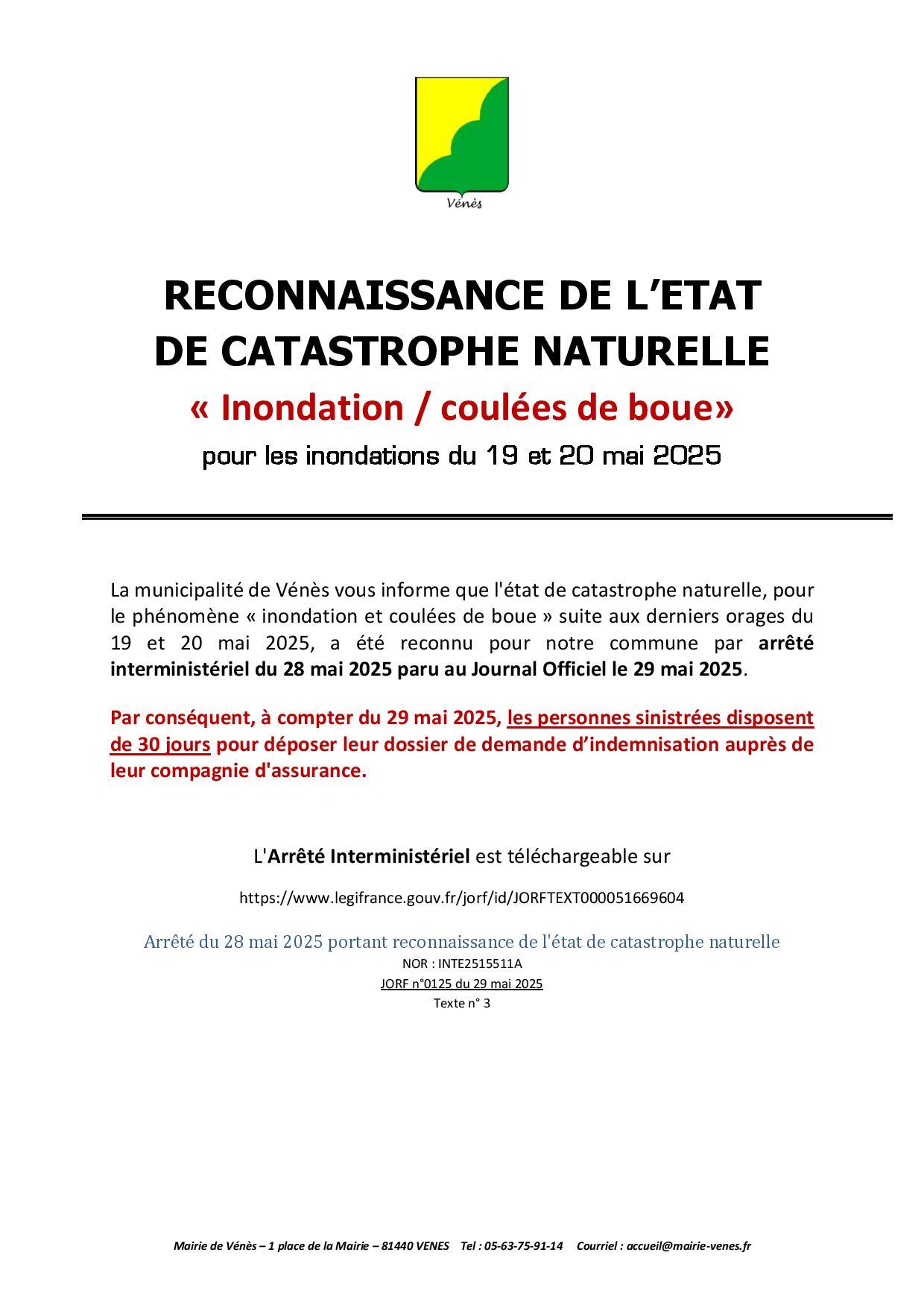 Reconnaissance etat catastrophe naturelle - inondation 19 et 20 mai 2025