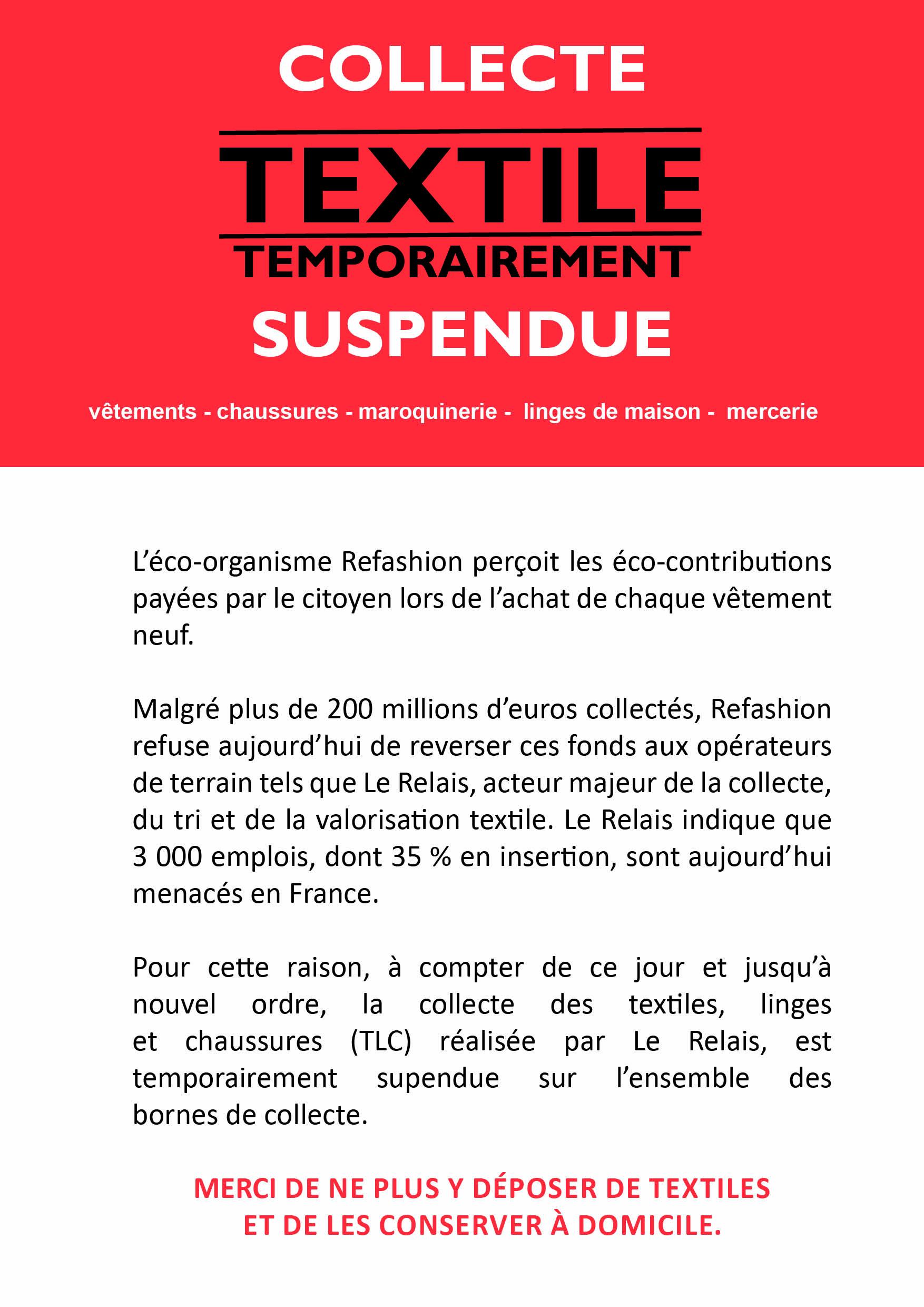 Suspension collecte de textiles